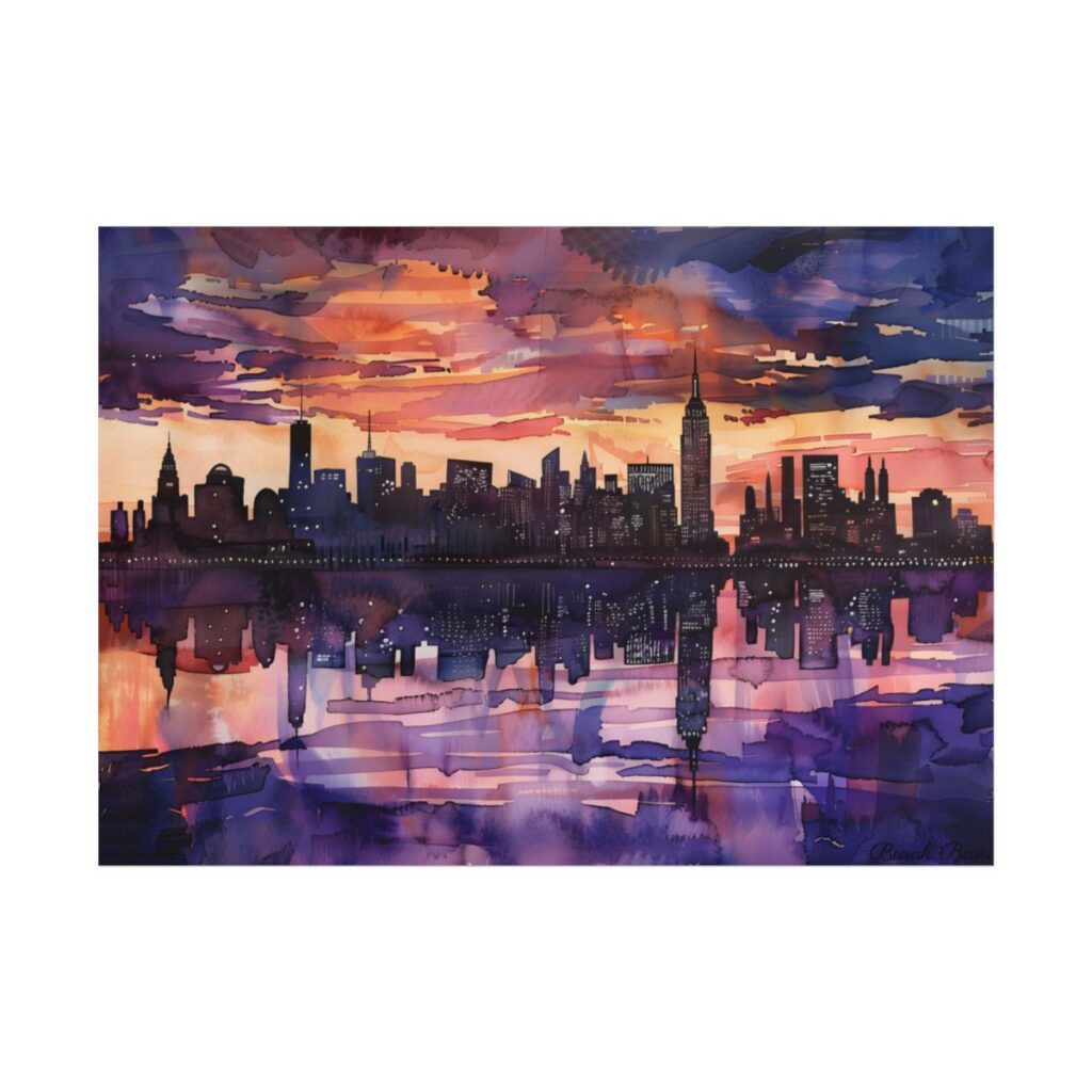 Vibrant Watercolor NYC Sunset: Dynamic Skyline Art - Poster