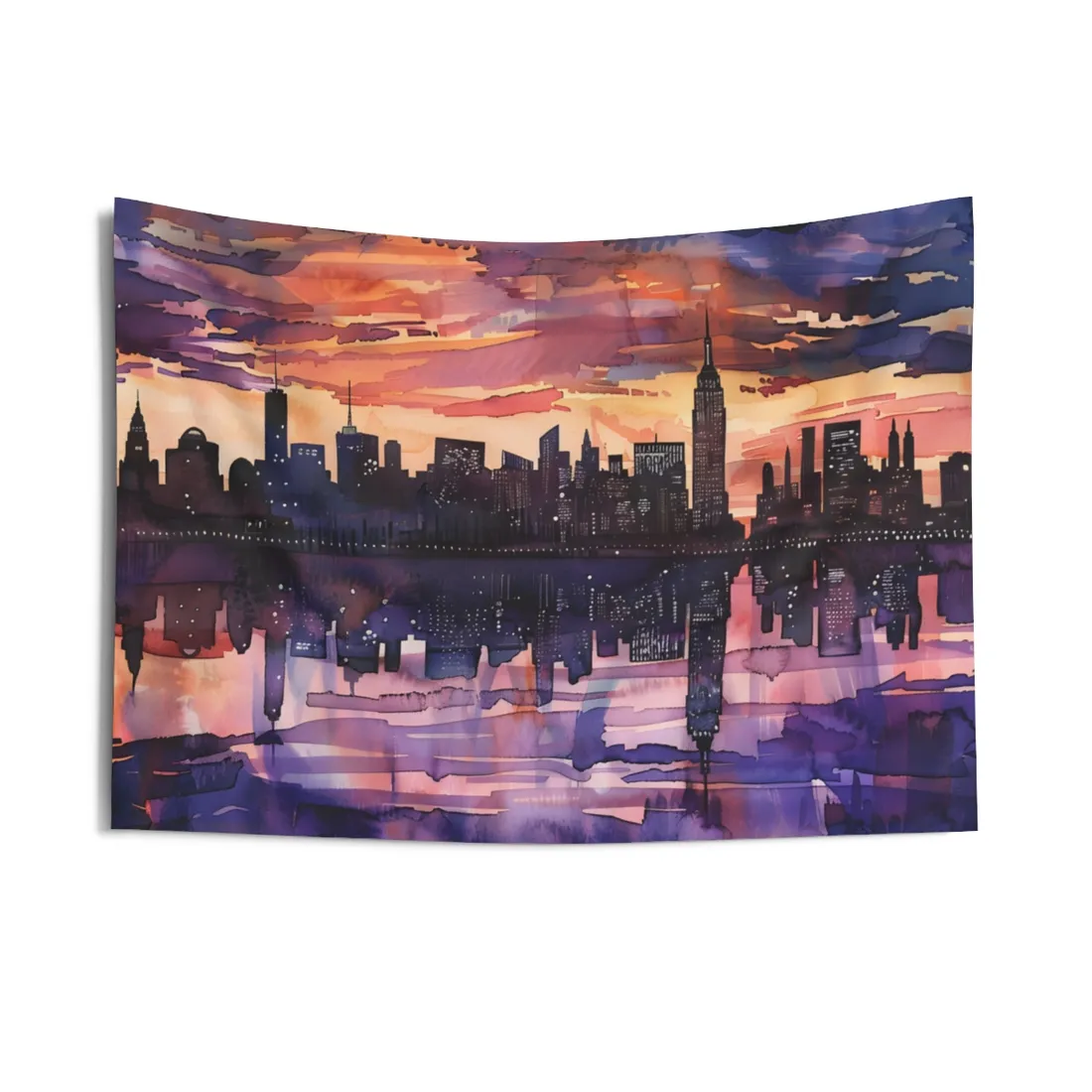 Vibrant Watercolor NYC Sunset: Dynamic Skyline Art - Wall Tapestry