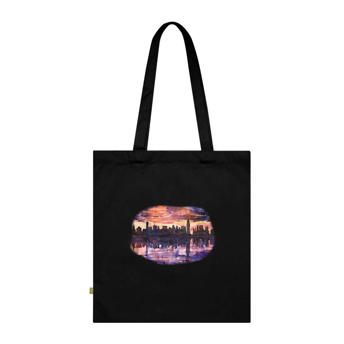 Vibrant Watercolor NYC Sunset: Dynamic Skyline Art - Tote Bag (Black)