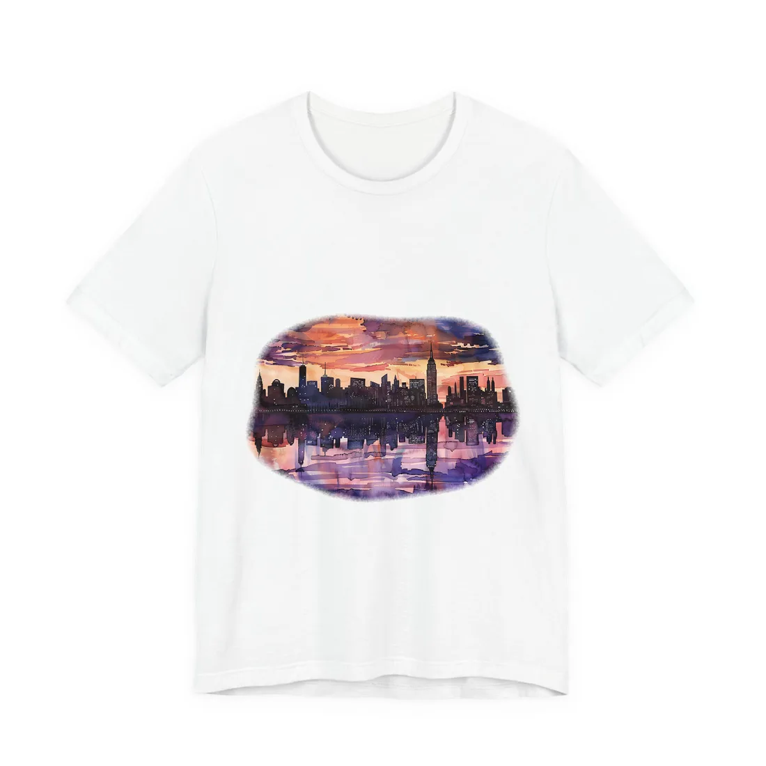 Vibrant Watercolor NYC Sunset: Dynamic Skyline Art - T-Shirt (White)