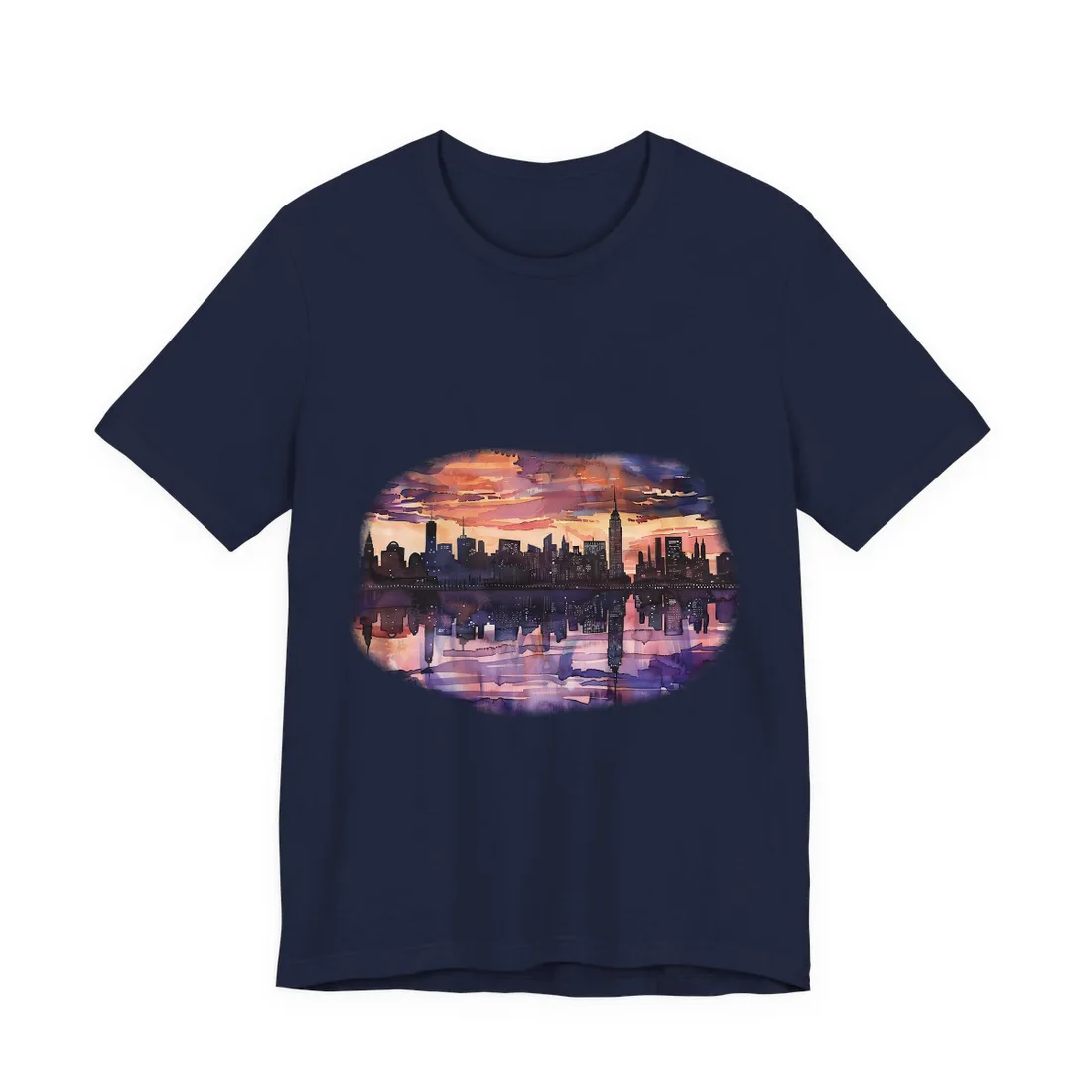 Vibrant Watercolor NYC Sunset: Dynamic Skyline Art - T-Shirt (Navy)