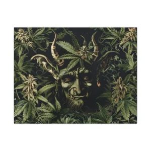 Horned Figure Among Cannabis Leaves Canvas Print