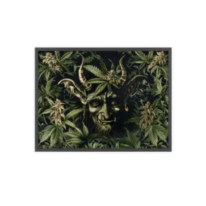 Horned Figure Among Cannabis Leaves Framed Poster