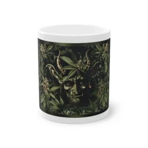Horned Figure Among Cannabis Leaves Mug