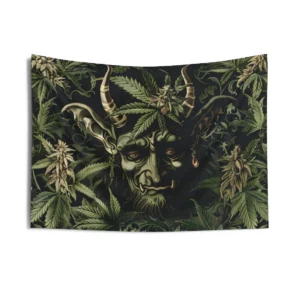 Horned Figure Among Cannabis Leaves Wall Tapestry