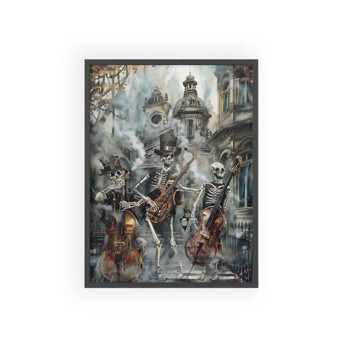 Victorian Lowbrow Jazz: Skeleton Band in Artistic Swing - Framed Poster