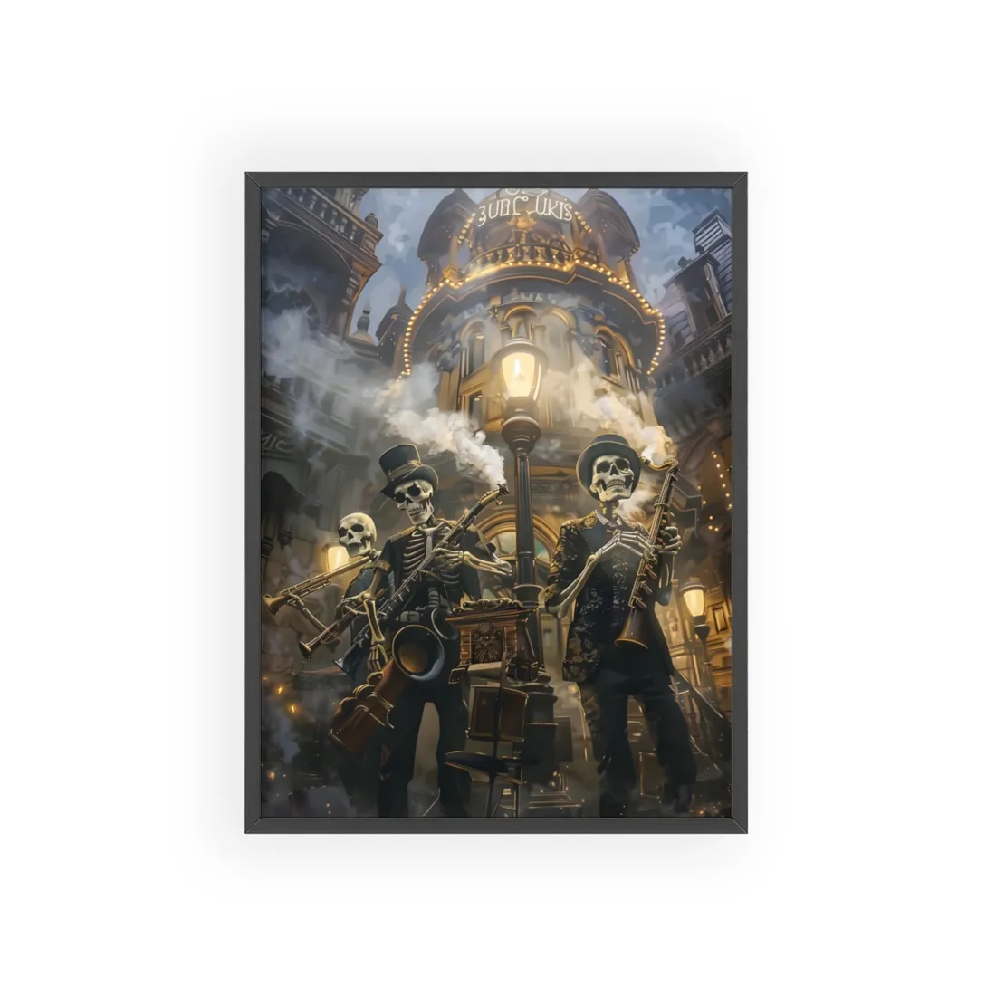Victorian Skeleton Jazz Band: Nostalgic Lowbrow Art Piece - Framed Poster