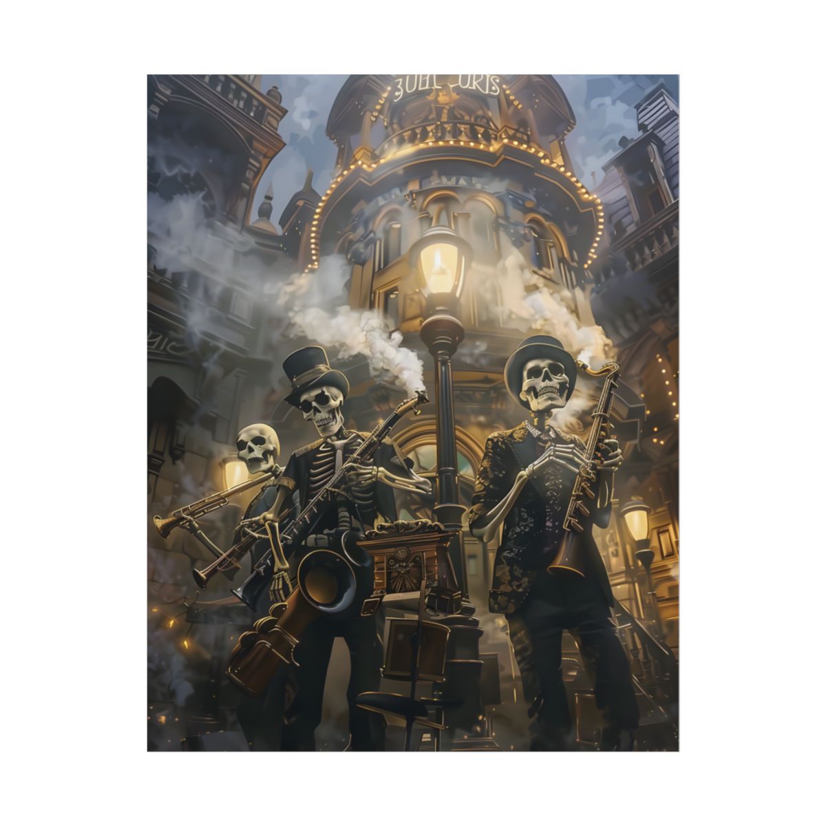 Victorian Skeleton Jazz Band: Nostalgic Lowbrow Art Piece - Poster