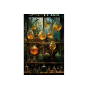 Glass Flasks on Shelves Metal Poster