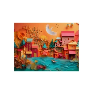 Paper-Cut Village by a River Metal Poster