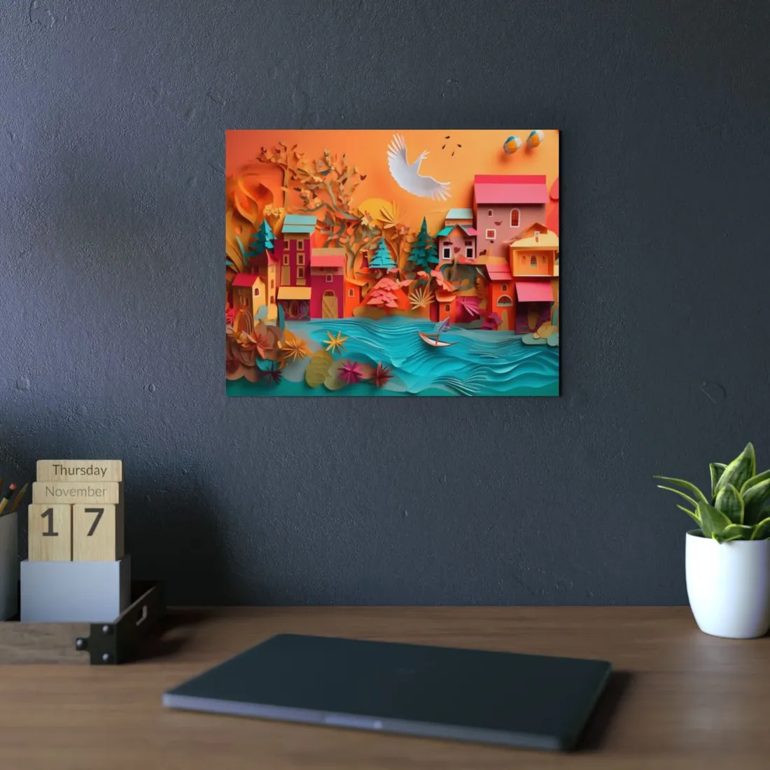 Village by the Water: Paper Quilled Sunset Landscape - Metal Poster