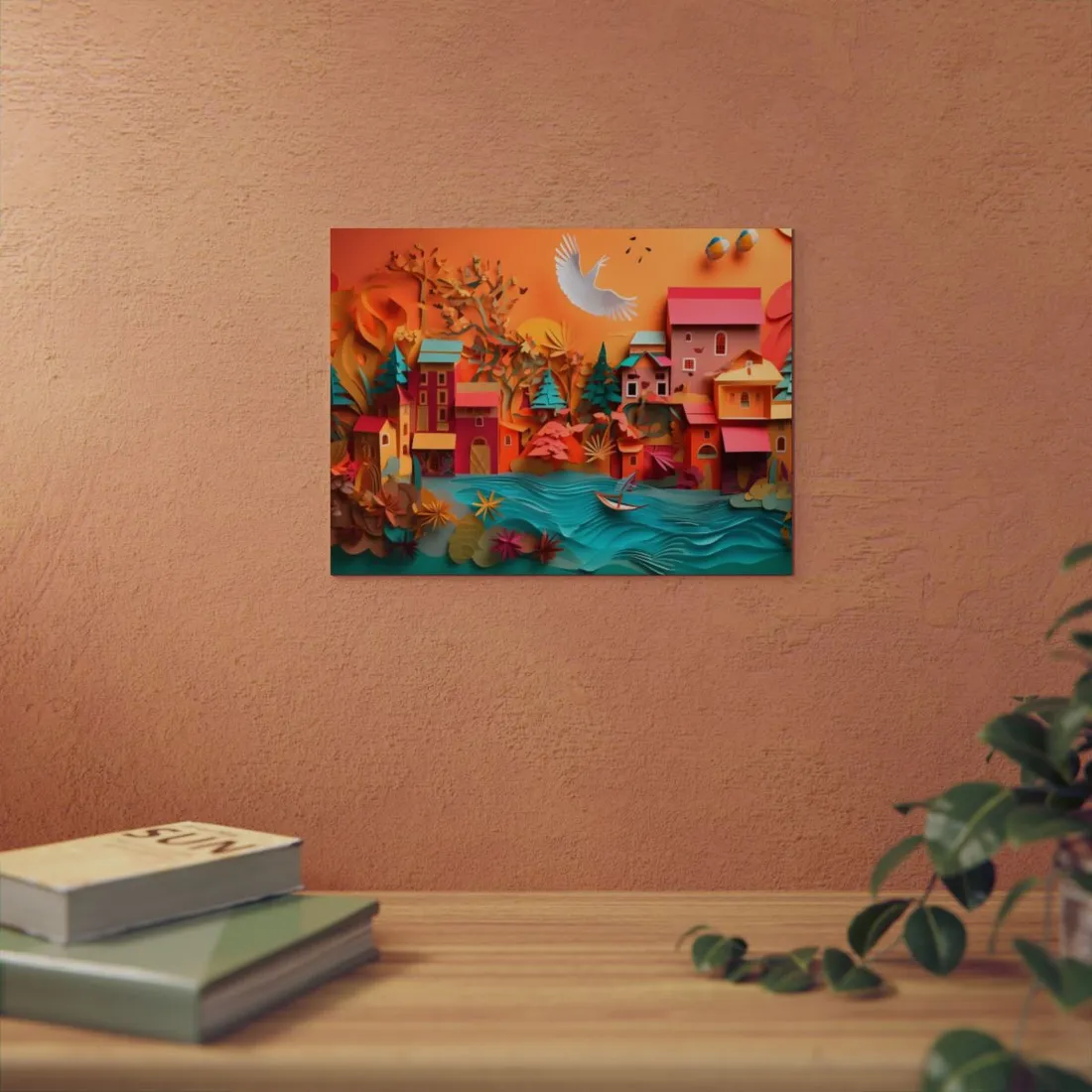 Village by the Water: Paper Quilled Sunset Landscape - Metal Poster
