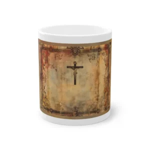 Crucifix on Antique Parchment Mug