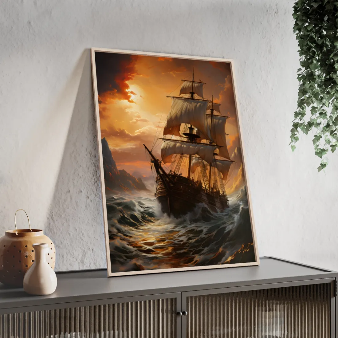 Vintage Classic Marine Oil Painting: Ship in Full Sail - Framed Poster