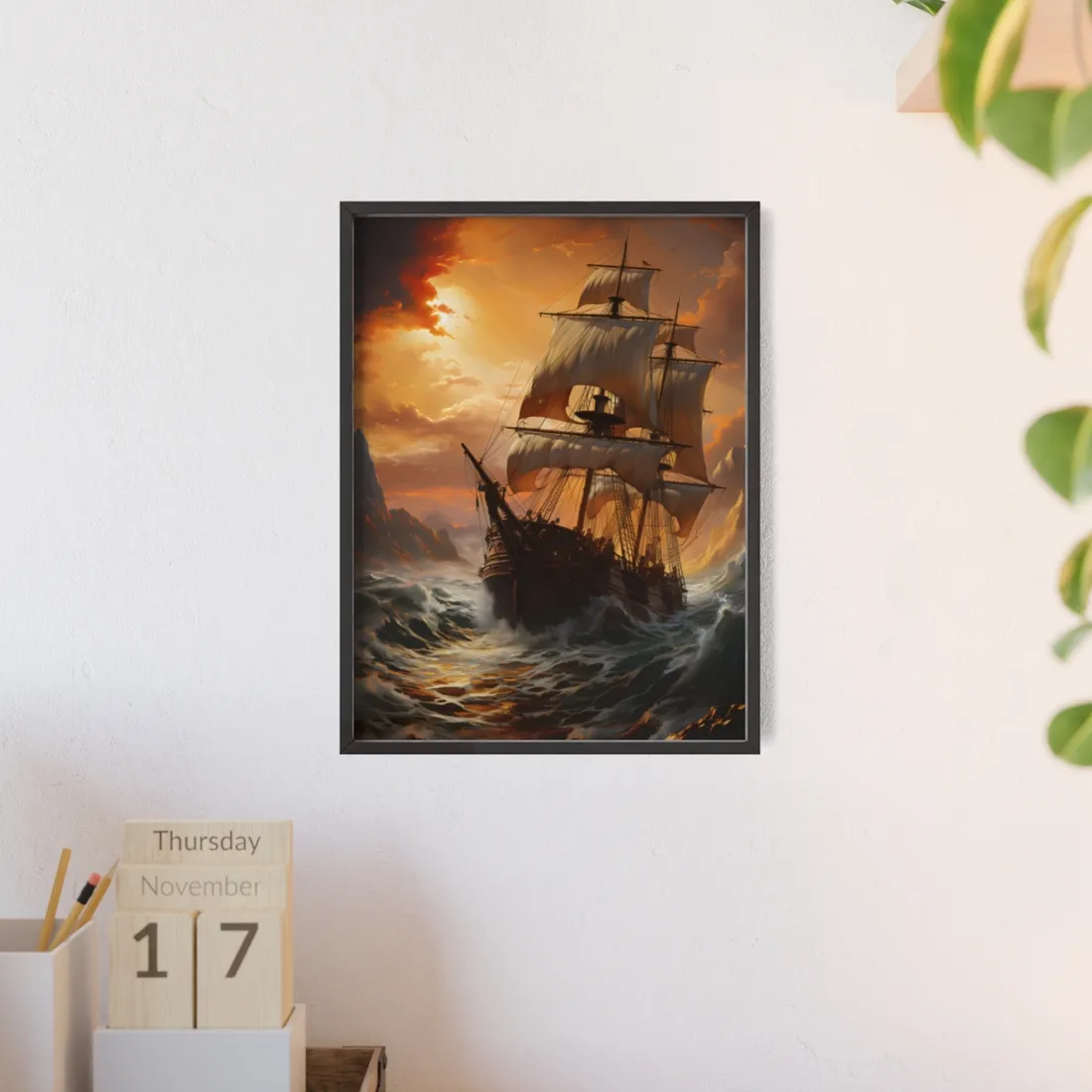 Vintage Classic Marine Oil Painting: Ship in Full Sail - Framed Poster