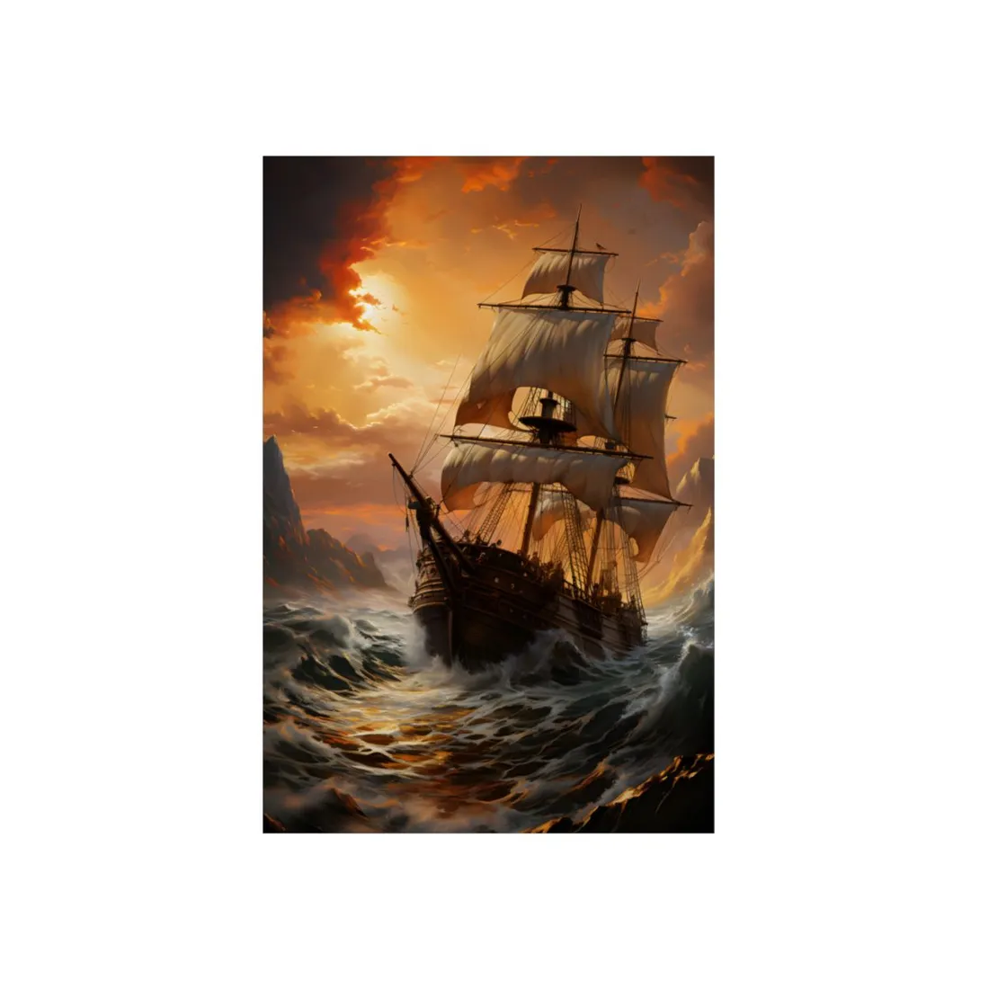 Vintage Classic Marine Oil Painting: Ship in Full Sail - Metal Poster
