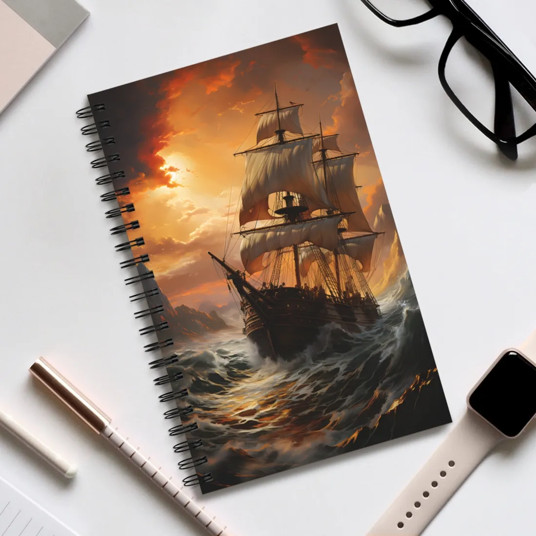 Vintage Classic Marine Oil Painting: Ship in Full Sail - Spiral Notebook