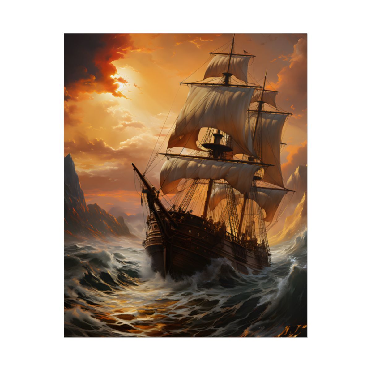 Vintage Classic Marine Oil Painting: Ship in Full Sail - Poster