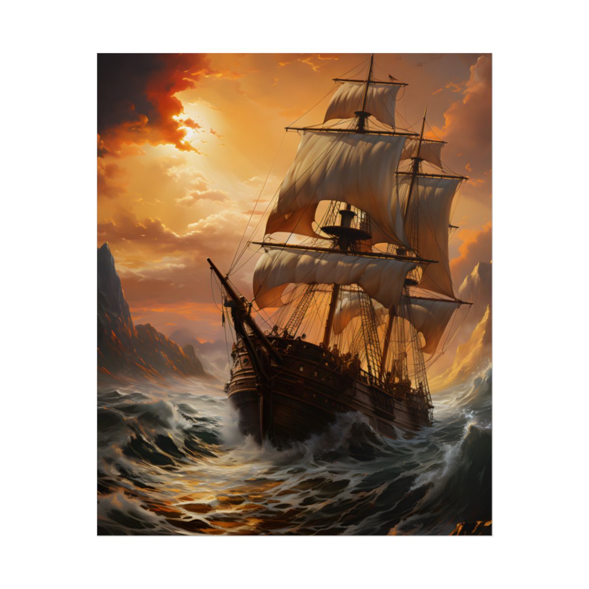 Vintage Classic Marine Oil Painting: Ship in Full Sail - Poster