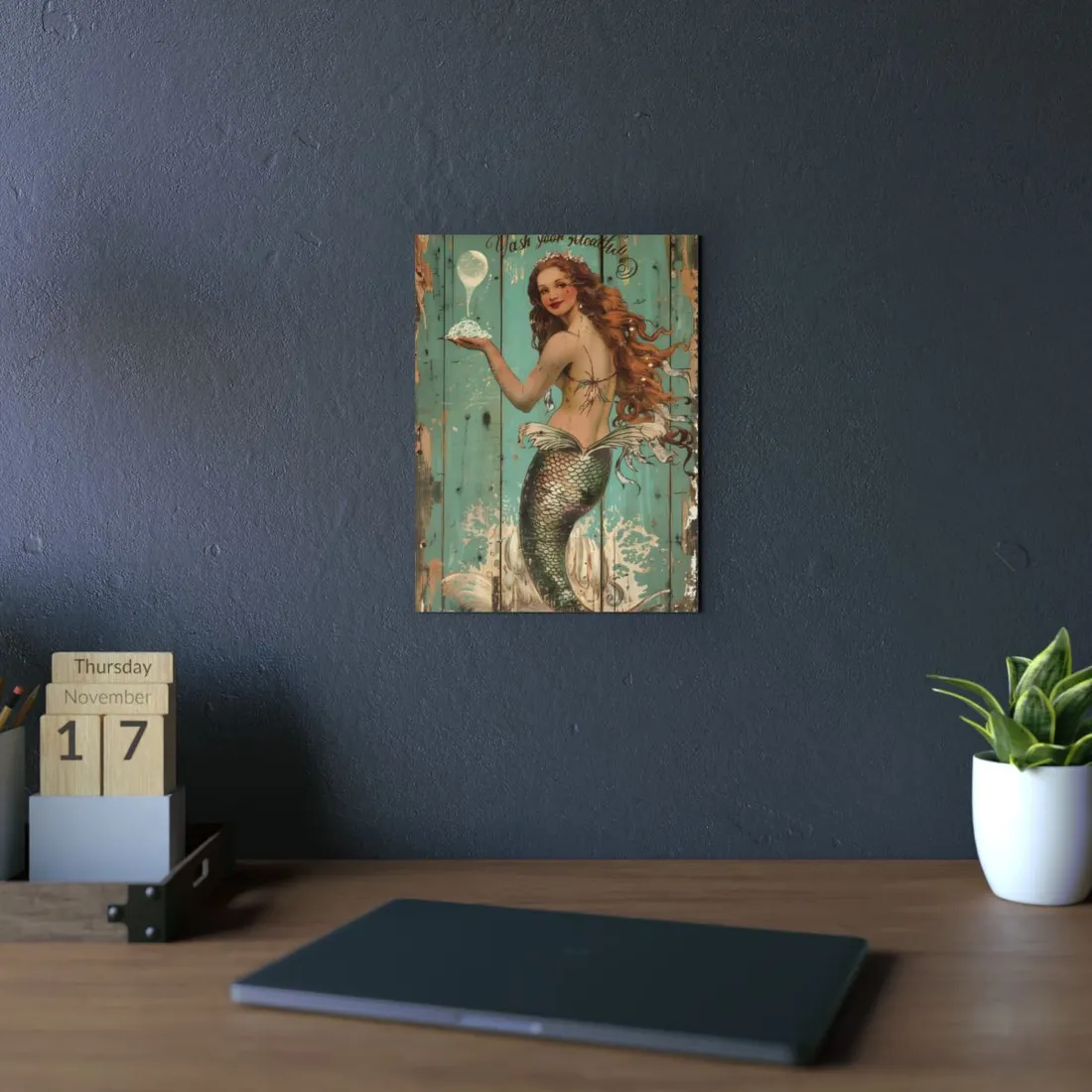 Vintage Mermaid Illustration: Flowing Hair and Fish Tail - Metal Poster