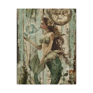Vintage Mermaid on Wood Planks Canvas Print