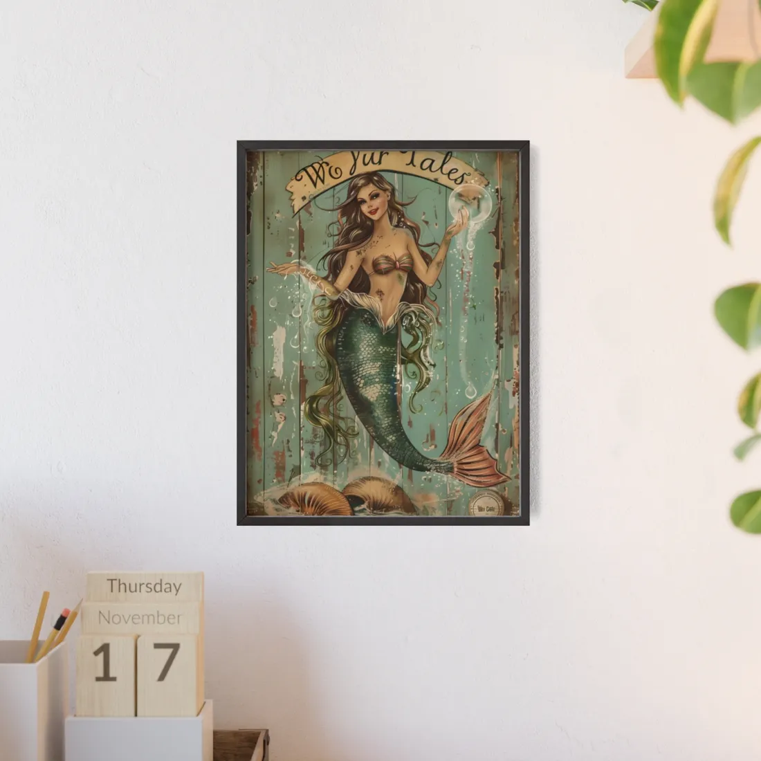 Vintage Mermaid Soap Bubble Dream: Whimsical - Framed Poster