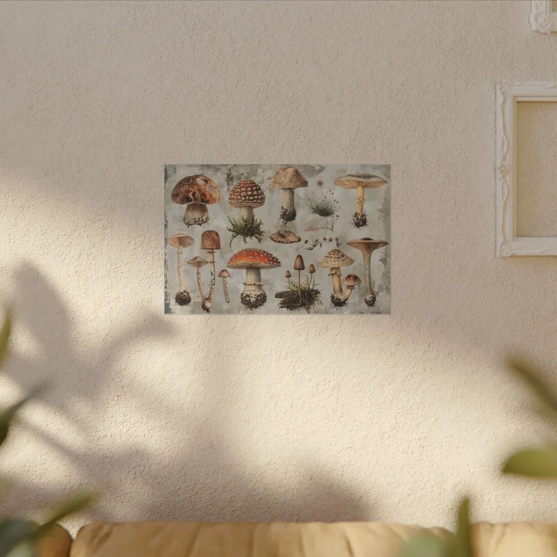 Vintage-style illustrations of many mushrooms with red, brown and cream caps on a – Canvas Print, room mockup, view 2