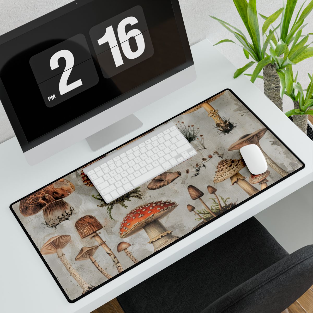 Vintage-style illustrations of many mushrooms with red, brown and cream caps on a weathered – Desk Mat, room mockup, view 2