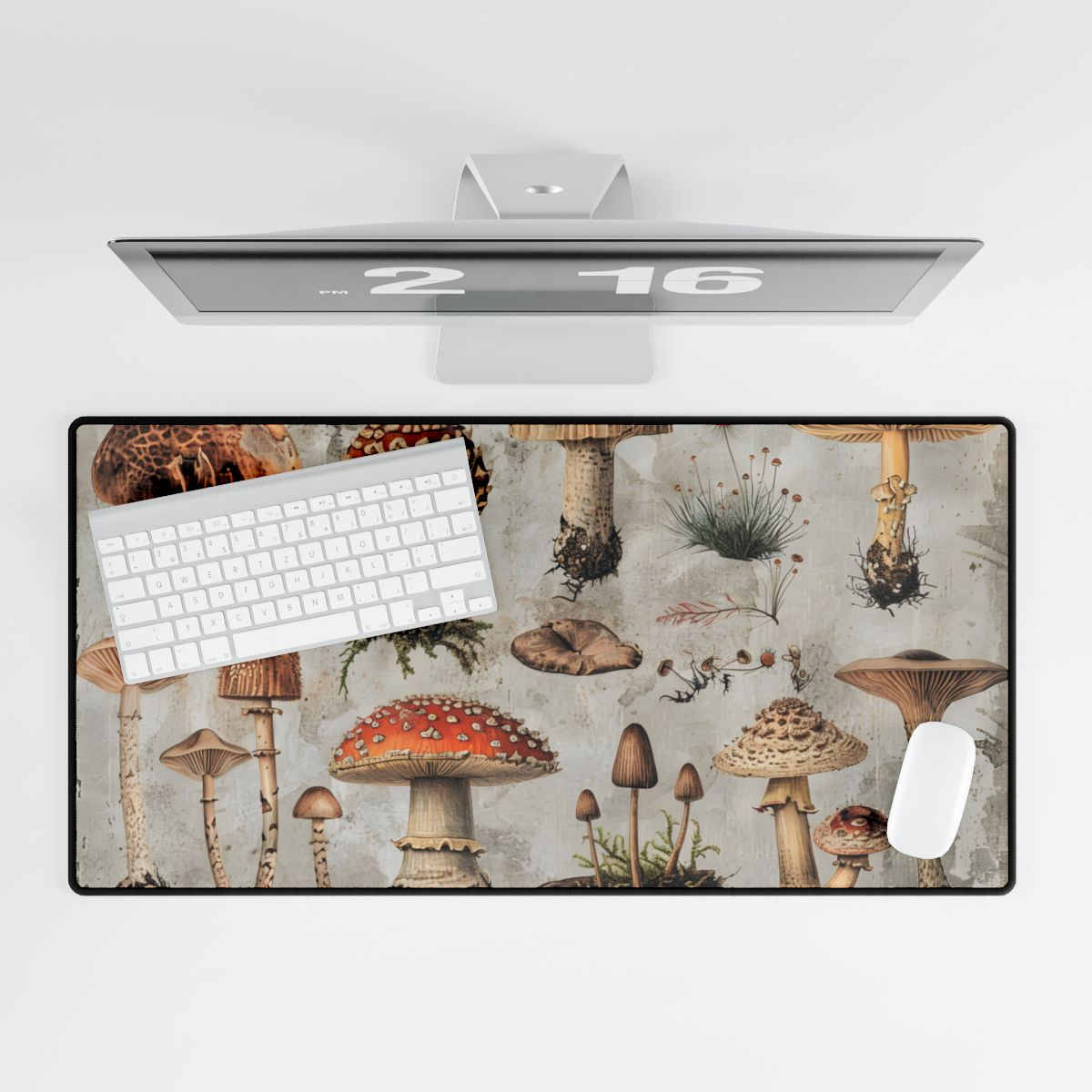 Vintage-style illustrations of many mushrooms with red, brown and cream caps on a weathered – Desk Mat, room mockup, view 3