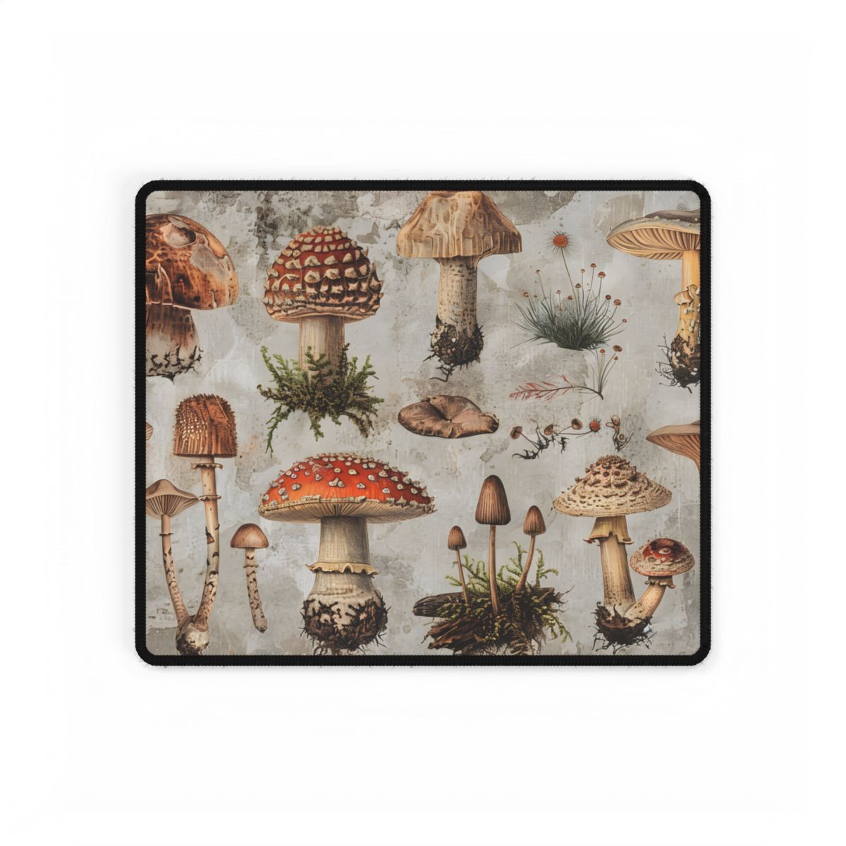 Vintage-style illustrations of many mushrooms with red, brown and cream caps on a weathered – Desk Mat, room mockup, view 4