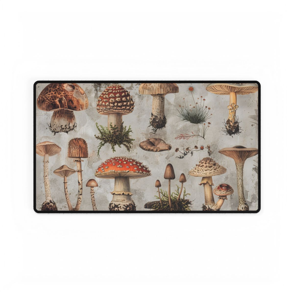 Vintage-style illustrations of many mushrooms with red, brown and cream caps on a weathered – Desk Mat, room mockup, view 6