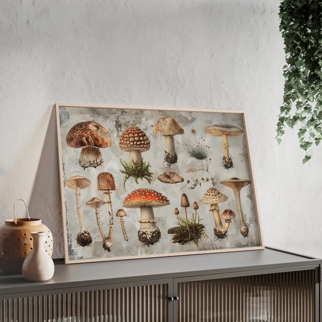 Vintage-style illustrations of many mushrooms with red, brown and cream caps on a – Framed Poster, room mockup, view 2