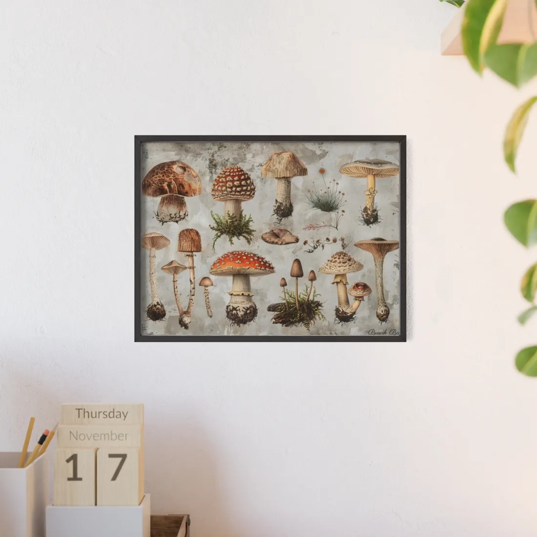 Vintage-style illustrations of many mushrooms with red, brown and cream caps on a – Framed Poster, room mockup, view 3