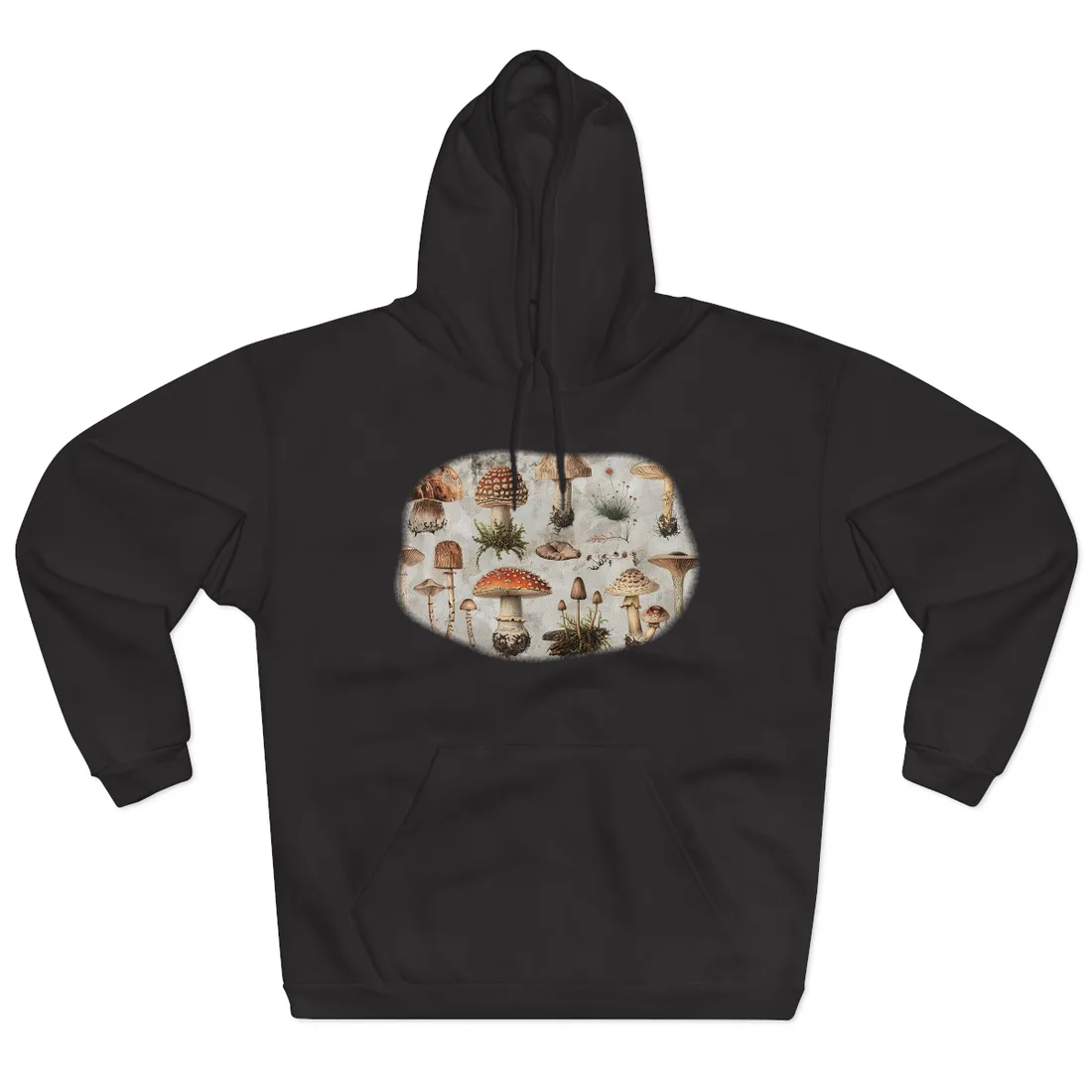 Vintage-style illustrations of many mushrooms with red, brown and cream caps on a weathered grey – Hoodie, black, room mockup