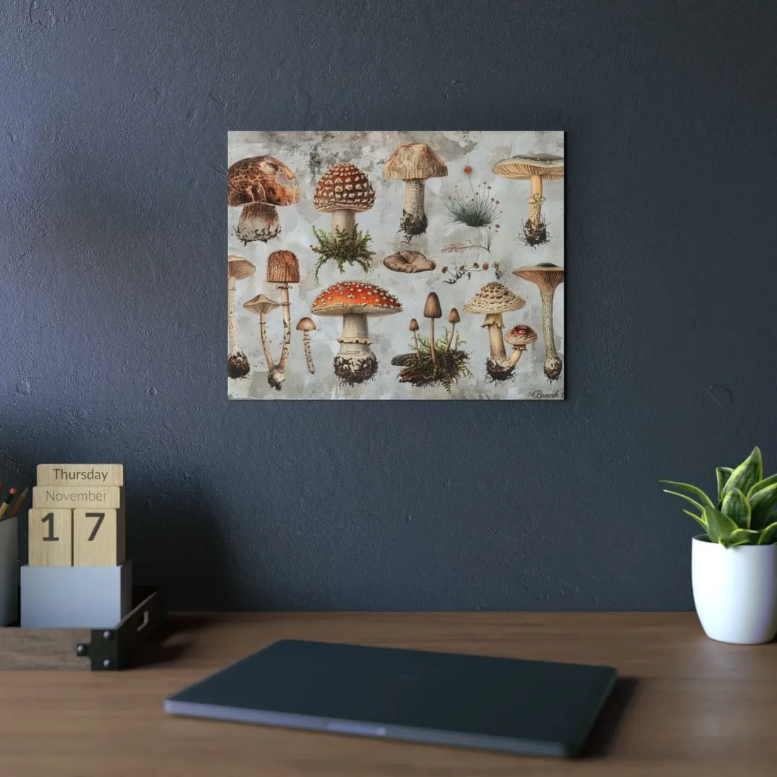 Vintage-style illustrations of many mushrooms with red, brown and cream caps on a – Metal Poster, room mockup, view 2