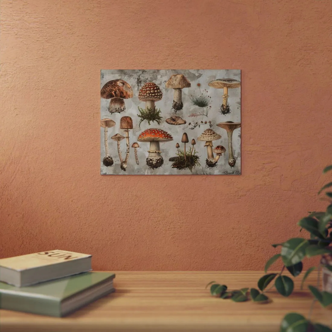 Vintage-style illustrations of many mushrooms with red, brown and cream caps on a – Metal Poster, room mockup, view 3