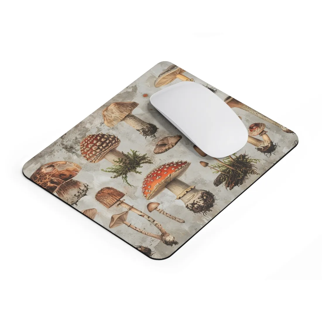 Vintage-style illustrations of many mushrooms with red, brown and cream caps on a weathered – Mouse Pad, room mockup, view 2