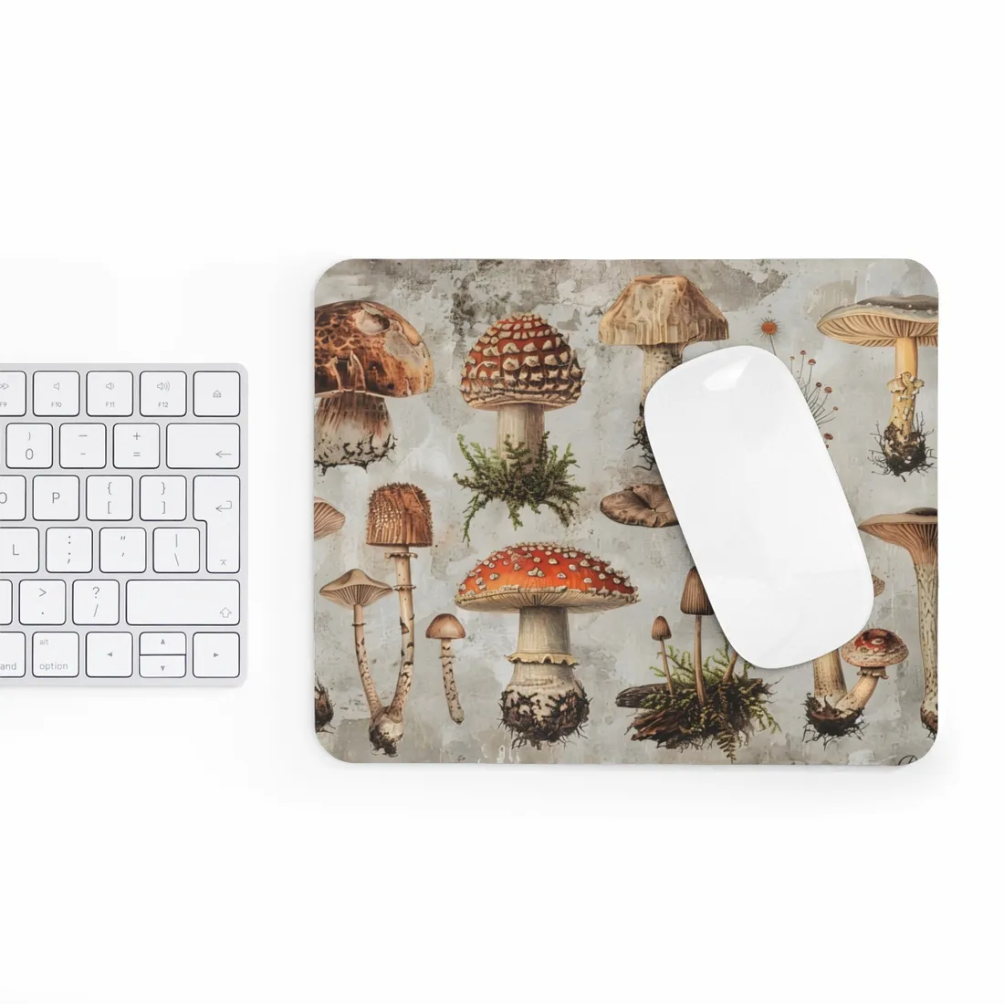 Vintage-style illustrations of many mushrooms with red, brown and cream caps on a weathered – Mouse Pad, room mockup, view 3
