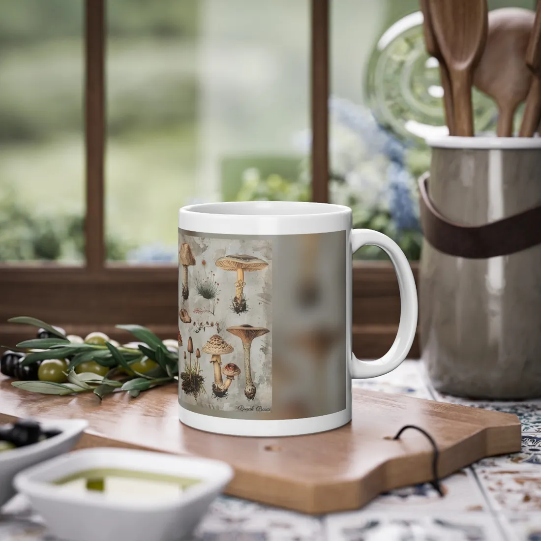 Vintage-style illustrations of many mushrooms with red, brown and cream caps on a weathered grey – Mug, room mockup, view 2