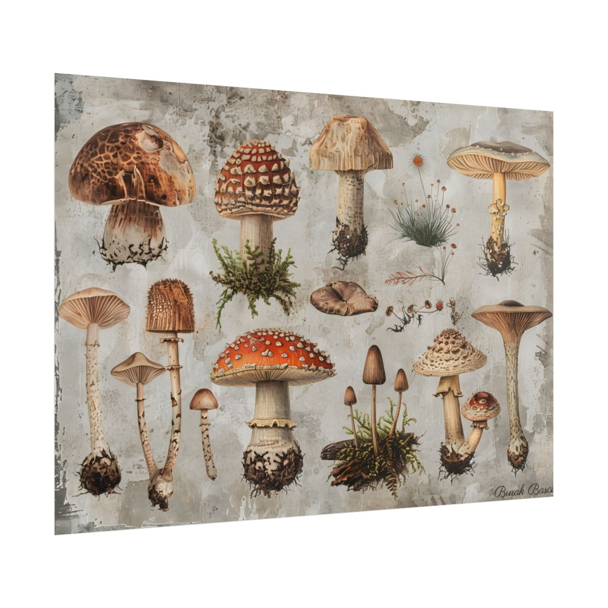 Vintage-style illustrations of many mushrooms with red, brown and cream caps on a weathered – Poster, room mockup, view 3