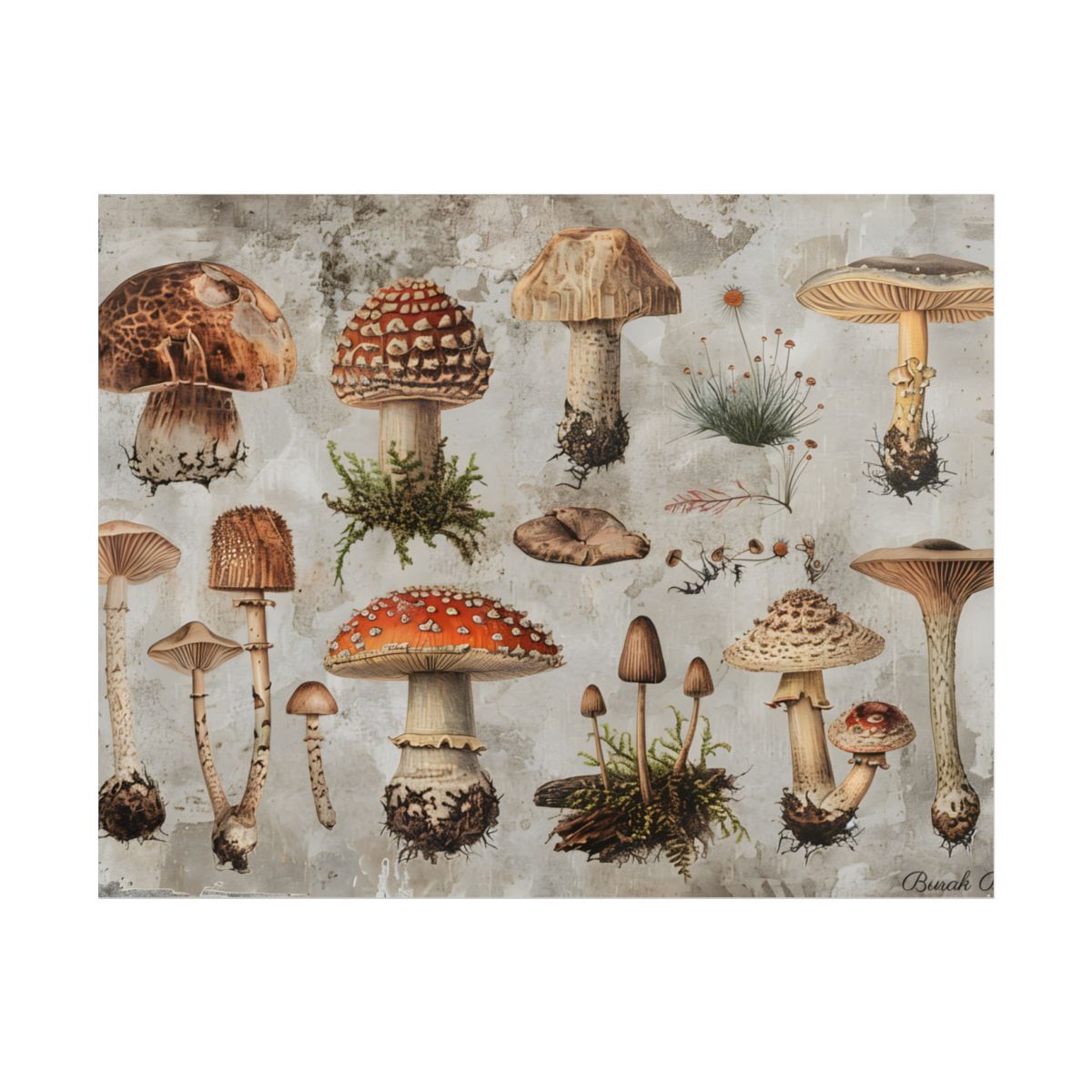 Vintage-style illustrations of many mushrooms with red, brown and cream caps on a weathered – Poster, room mockup, view 4