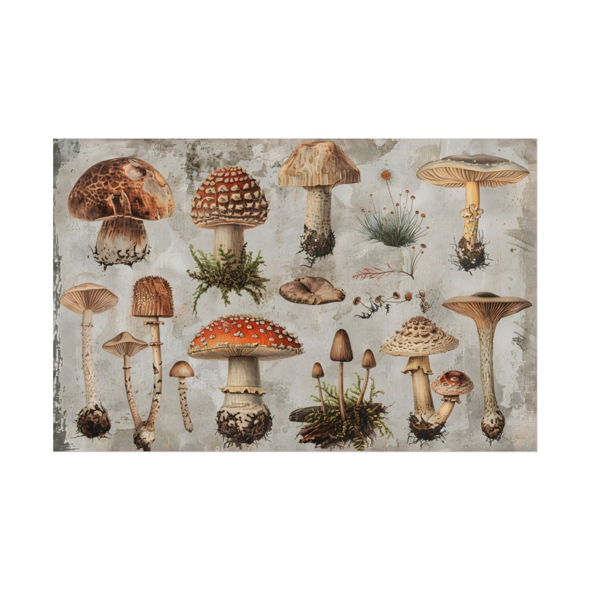 Vintage-style illustrations of many mushrooms with red, brown and cream caps on a weathered – Poster, room mockup, view 6