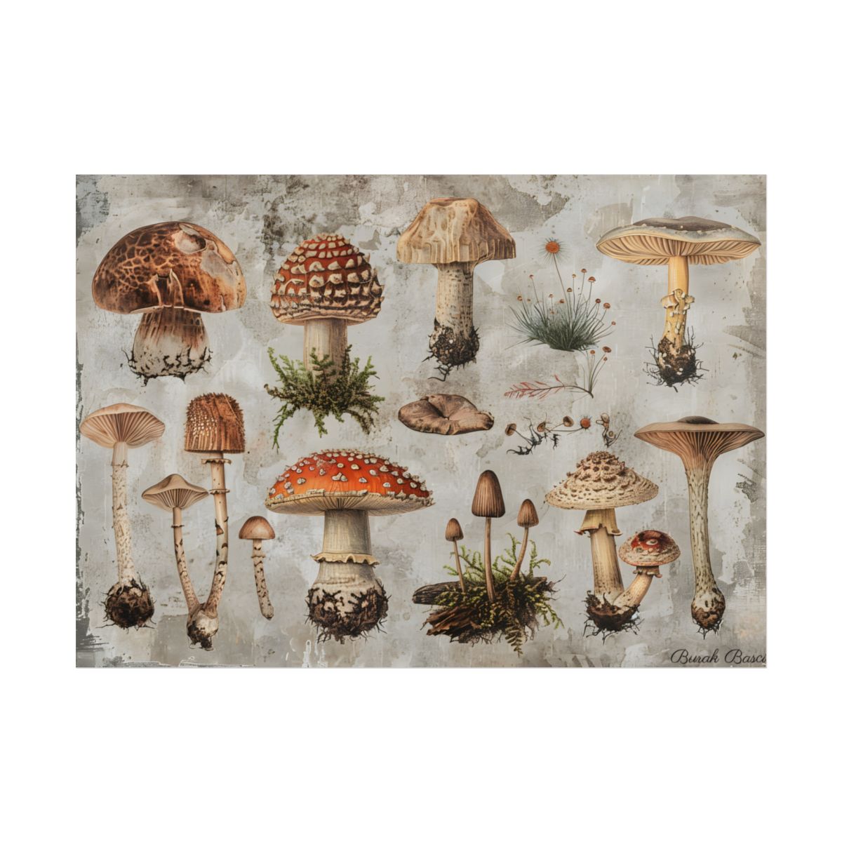 Vintage-style illustrations of many mushrooms with red, brown and cream caps on a weathered – Poster, room mockup, view 1