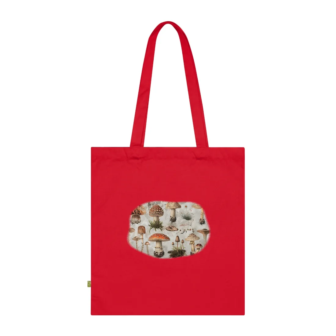 Vintage-style illustrations of many mushrooms with red, brown and cream caps on a – Tote Bag, classic red, room mockup