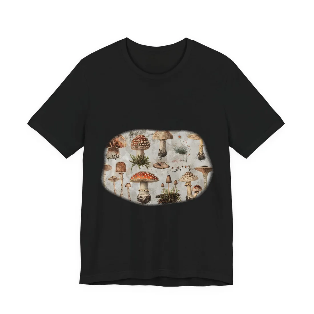 Vintage-style illustrations of many mushrooms with red, brown and cream caps on a weathered – T-Shirt, black, room mockup