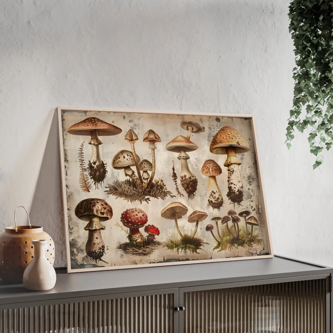 Vintage Mushroom Illustration: Earthy - Framed Poster