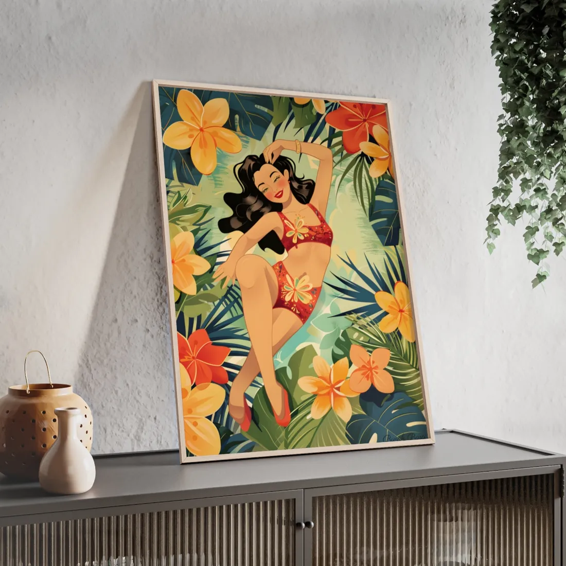 Vintage Pin-Up Girl Illustration: Retro Black and White Art - Framed Poster