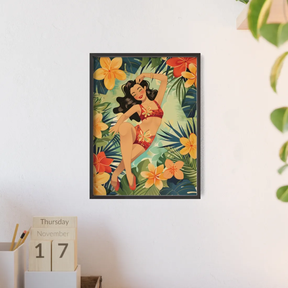 Vintage Pin-Up Girl Illustration: Retro Black and White Art - Framed Poster
