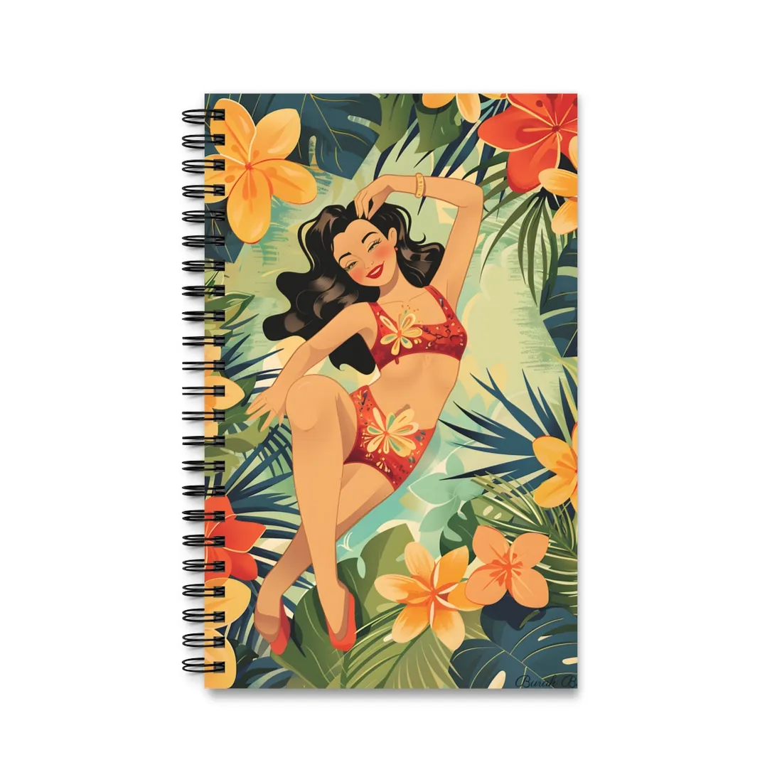 Vintage Pin-Up Girl Illustration: Retro Black and White Art - Spiral Notebook