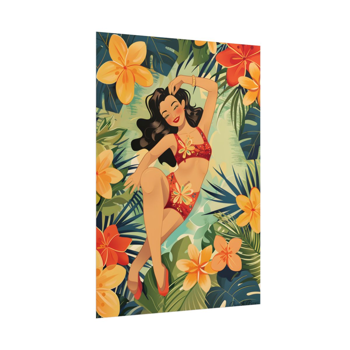 Vintage Pin-Up Girl Illustration: Retro Black and White Art - Poster